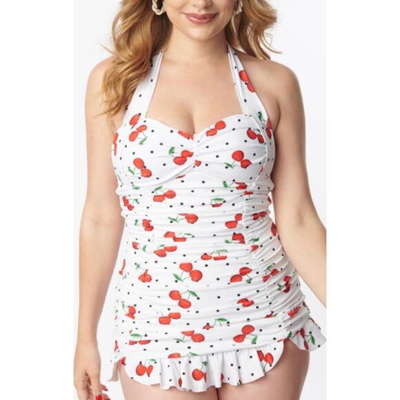 Unique Vintage Other - Unique Vintage White Cherry Print One-Piece Swimdress